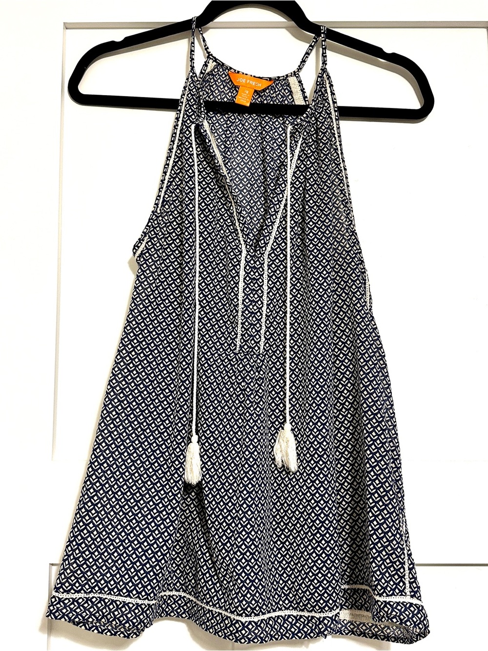 Joe Fresh Navy & White Sleeveless Halter-Neck Blouse with Tassel Ties • L